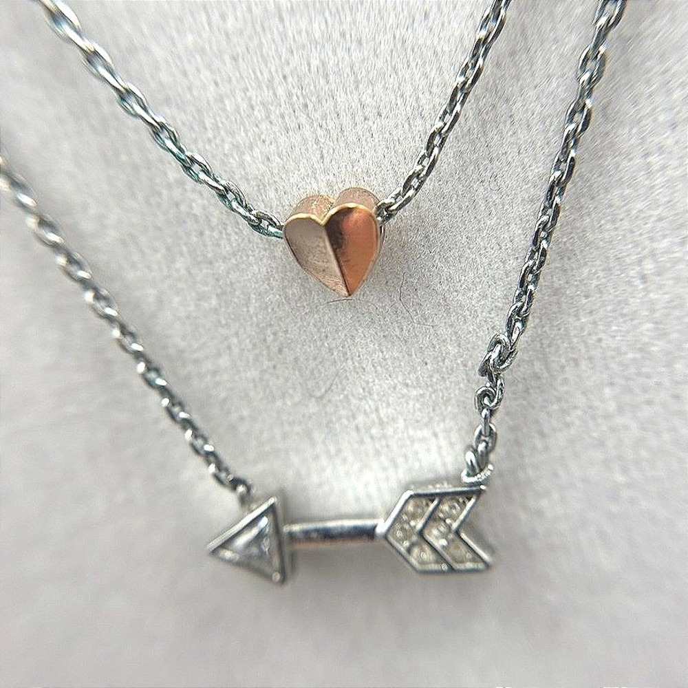 Vintage Fossil Layered Arrow Heart Necklace 16/18" Rose Gold Silver Tone Crystal
